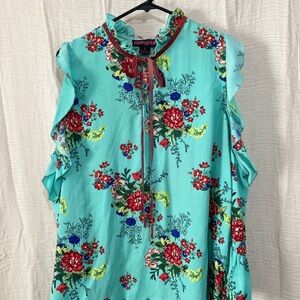 Rock & Roll Cowgirl Blue Ruffled Blouse with Mandarin Collar